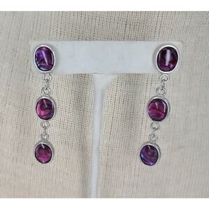 Purple Abalone 3 Oval Disc Drop Dangle Earrings Silver Tone Metal Stud Posts